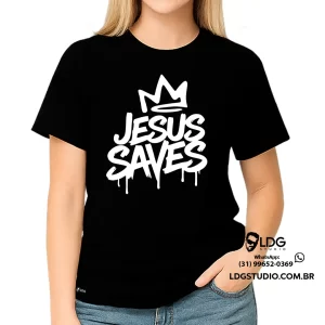 Camiseta Preta Algodão Personalizada Jesus Saves