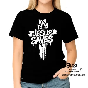 Camiseta Preta Personalizada Cruz Jesus Saves