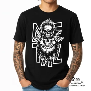 Camiseta Preta Metal Rock Caveiras
